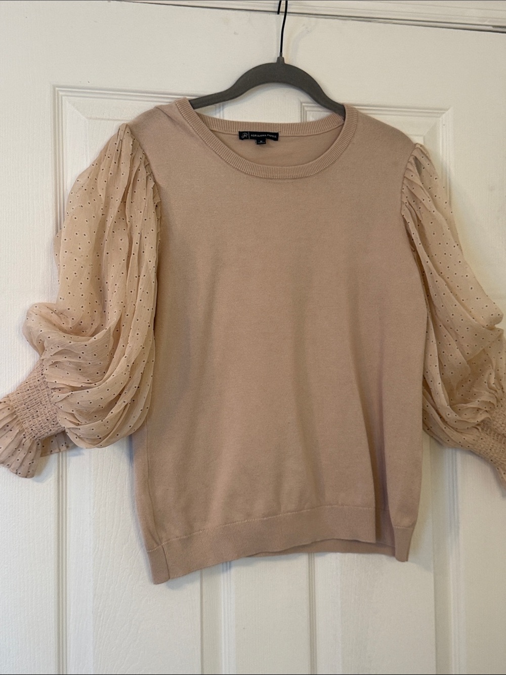 Adrianna Papell Beige Knit Sweater Sheer Polka Dot Puff Sleeves Size M